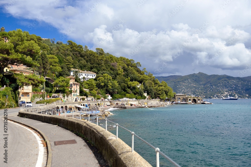 view of Portofino cityscape on coast line of Ligurian sea, Italy