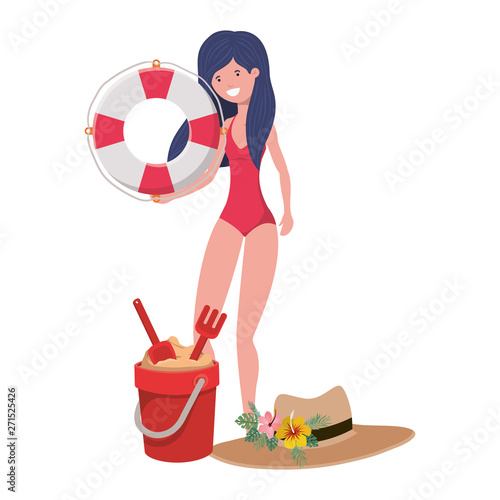 woman with swimsuit and lifesaving float in white background