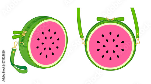 pink watermelon circle bag, round purse, double slider zipper bag, daily zip pouch with detachable shoulder strap/ detachable wrist strap, vector illustration sketch template