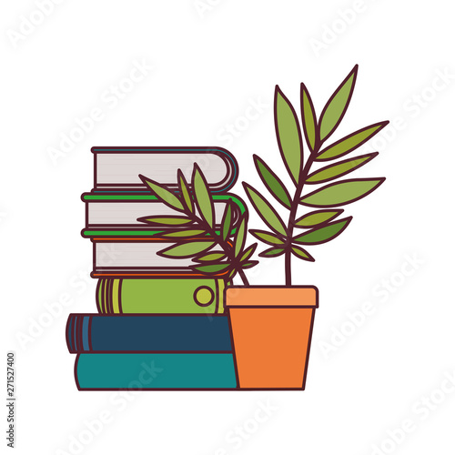 stack of books with houseplant on white background