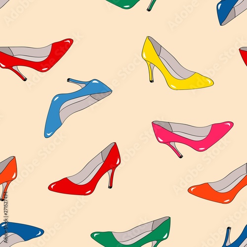 Seamless repeat pattern tossed colorful pumps heels shoes on a cream background