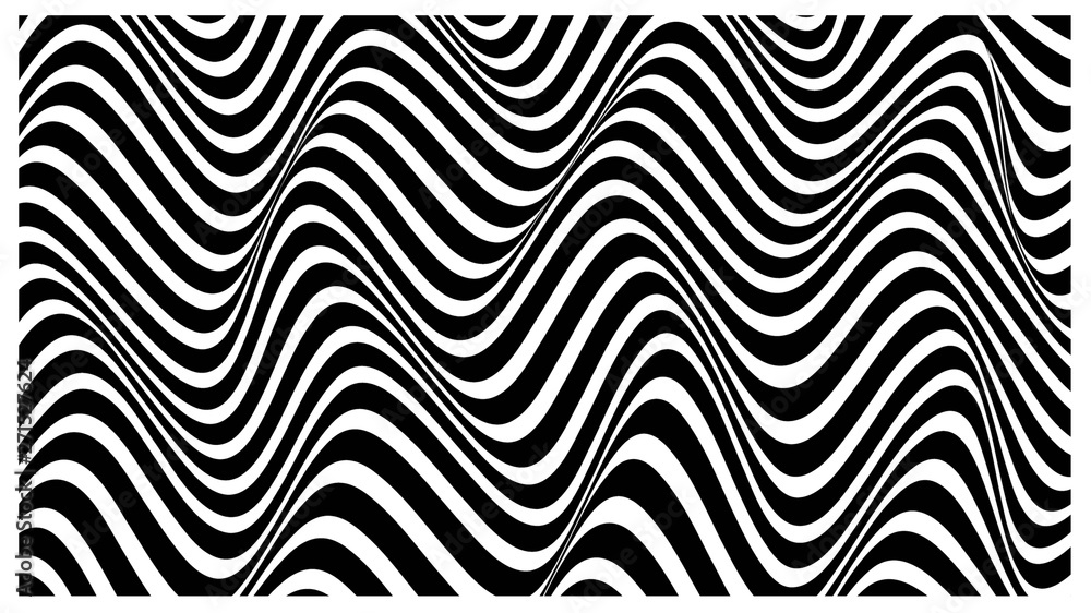 black and white stripes, creating the illusion of waves, volume, in a white frame