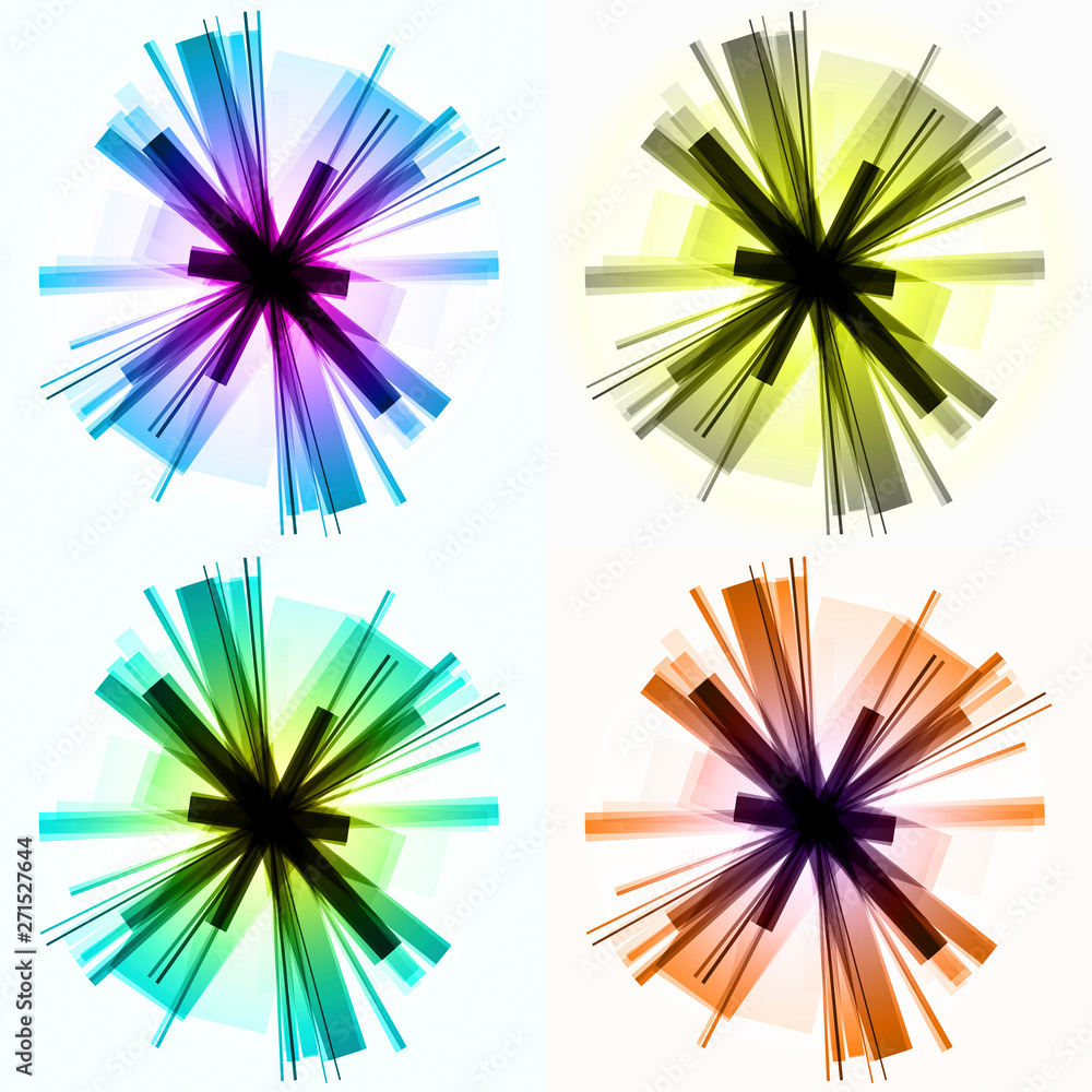 variants of circular abstractions from lines intersecting in the center with a variant of color gradients