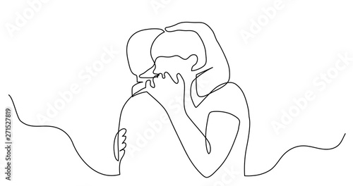 continuous line drawing of loving young couple hugging each other