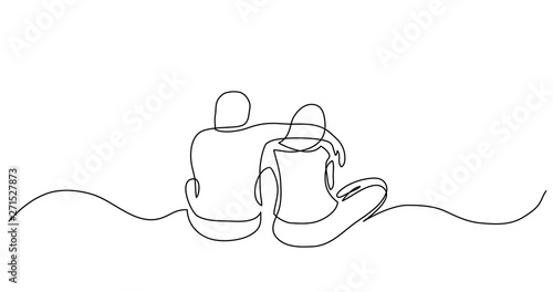continuous line drawing of two close friends sitting together hugging each other