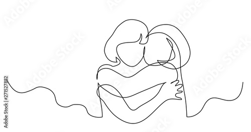 continuous line drawing of two girls hugging each other