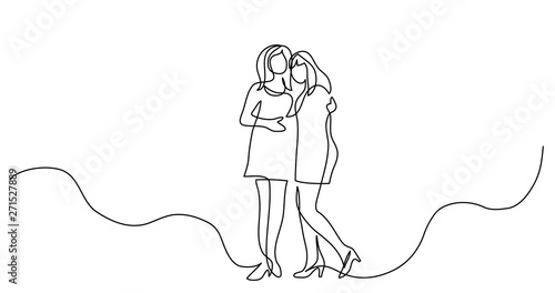 continuous line drawing of two woman friends hugging each other