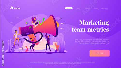 Digital marketing team, marketing team metrics, marketing team lead and responsibilities concept. Website homepage interface UI template. Landing web page with infographic concept hero header image.