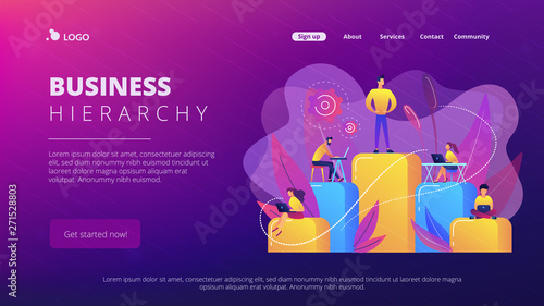 Businessmen work with laptops on graph columns. Business hierarchy, hierarchical organization, levels of hierarchy concept on white background. Website vibrant violet landing web page template.