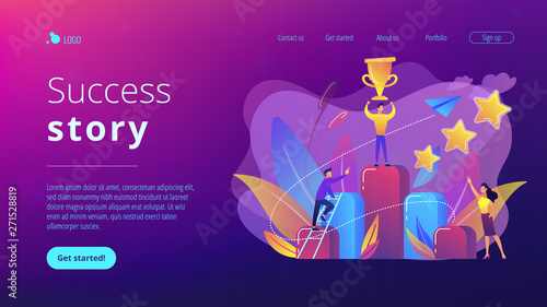 Businessman holds a cup on top of column graph. Key to success and success story  business chance  on the way to success concept on white background. Website vibrant violet landing web page template.