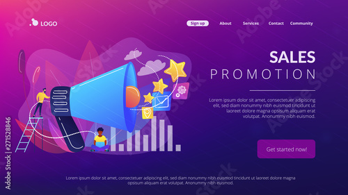 Businessman with megaphone promote media icons. Sales promotion and marketing, pomotion strategy, promotional products concept on white background. Website vibrant violet landing web page template.