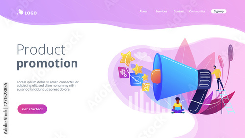 Businessman with megaphone promote media icons. Sales promotion and marketing, pomotion strategy, promotional products concept on white background. Website vibrant violet landing web page template.