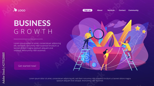 Business team work with growth chart in flower pot. Sustainable development and business growth, evolution and progress concept on white background. Website vibrant violet landing web page template.