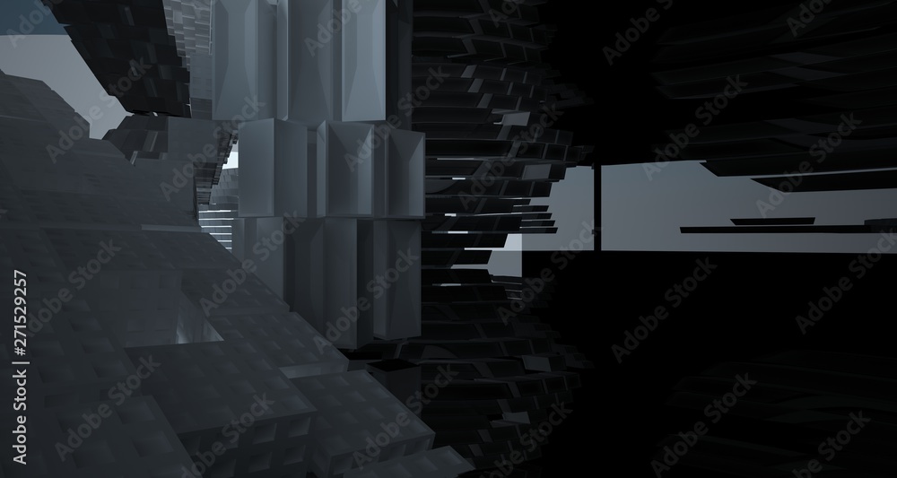 Abstract white and black interior multilevel public space with window. 3D illustration and rendering.