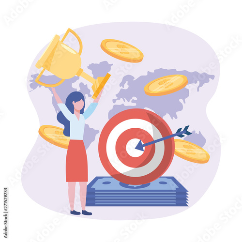 businesswoman and target with arrow and bills and coins
