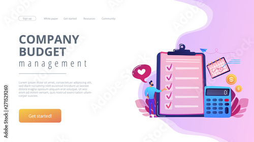 Financial analyst planning at checklist on clipboard, calculator and calendar. Budget planning, balanced budget, company budget management concept. Website vibrant violet landing web page template.