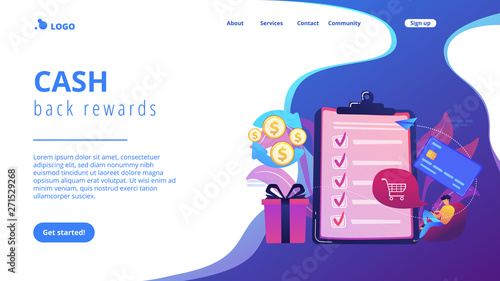 Cardholder with smartphone shopping online and getting cach rewards and checklist. Cash back service, cash back rewards, money back concept. Website vibrant violet landing web page template.