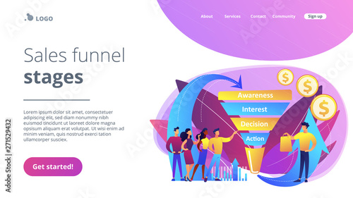 Sales funnel stages, potencial customers, buyer with purchase. Sales funnel management, customer journey representation, sales funnel stages concept. Website vibrant violet landing web page template.
