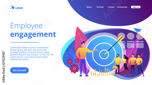 Big target, manager and employees engaged in company goals. Internal marketing, company goals promotion, employee engagement concept. Website vibrant violet landing web page template.