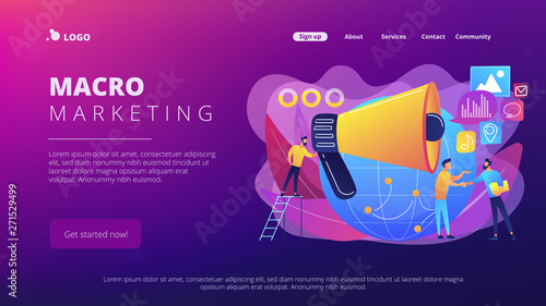 Marketing specialist with loudspeaker influence businessmen and globe. Macromarketing, social influence, global marketing strategy concept. Website vibrant violet landing web page template. photo