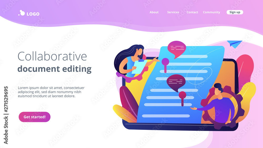 Business team editing shared document on laptop online. Shared document, shared folder access, collaborative document editing concept. Website vibrant violet landing web page template.