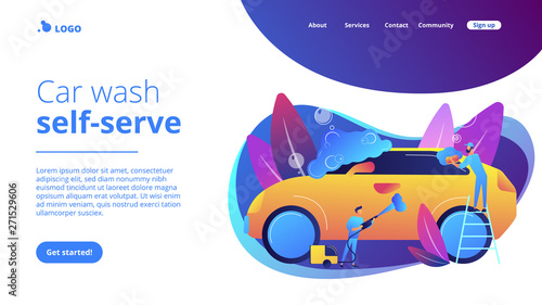 Car wash employees washing the exterior of the car with equipment and foam. Car wash service, vehicle cleaning market, carwash self-serve concept. Website vibrant violet landing web page template.