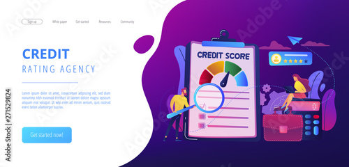 Tiny people analysts evaluating ability of prospective debtor to pay the debt. Credit rating, credit risk control, credit rating agency concept. Website vibrant violet landing web page template.