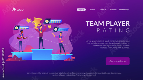 Tiny people winners sportsmen on podium with rating stars. Sports rating system, team player rating, competitive strength metrics concept. Website vibrant violet landing web page template.