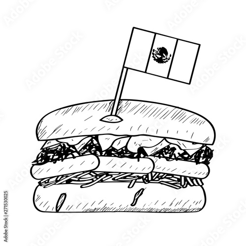 Ham and cheese sandwich with a flag. Traditional mexican food - Outline Vector