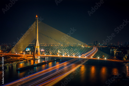 Beautiful landscape of Big Suspension bridge in Bangkok,Thailand. Rama VIII bridge at twilight time.