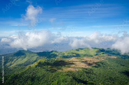 The majestic view of mountain, which has blue sky with clouds over tops of green trees