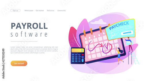 Calendar with payday, calculator and tiny business people getting a paycheck. Paycheck cash, payroll tax deposit, payroll software concept. Website vibrant violet landing web page template.