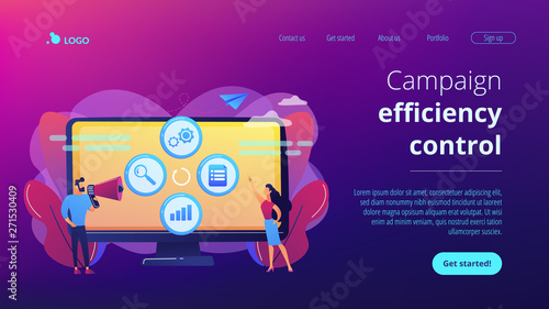 Tiny people managers plan and analyse campaign. Marketing campaign management, marketing strategy execution, campaign efficiency control concept. Website vibrant violet landing web page template.