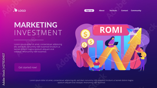 Marketing investment effectiveness chart, tiny people. Marketing investment, return on marketing investment, advertising investment returns concept. Website vibrant violet landing web page template.