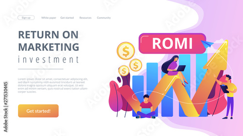 Marketing investment effectiveness chart, tiny people. Marketing investment, return on marketing investment, advertising investment returns concept. Website vibrant violet landing web page template.