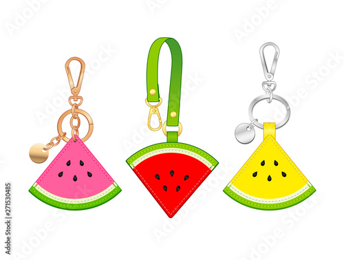 watermelon key chains/ bag charms set, slice watermelon tag with strap, vector illustration sketch template