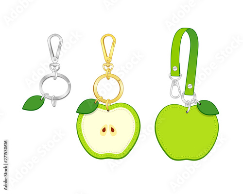 green apple key chains/ bag charms set, apple tags with strap, vector illustration sketch template