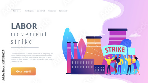 Tiny people crowd of workers hold plackards and fight for rights at factory. Strike action, labor movement strike, employees work stoppage concept. Website vibrant violet landing web page template.
