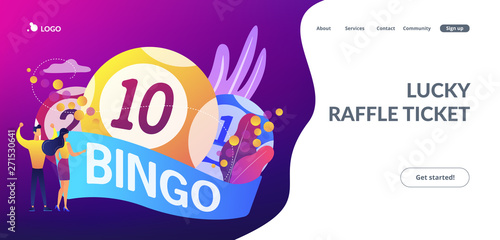 Businessman and woman winners and bingo lottery balls with lucky numbers, tiny people. Lottery money game, lucky raffle ticket, bingo game concept. Website vibrant violet landing web page template.