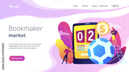 Tiny people, businessman betting on football and bookmaker at big smartphone with score. Sports betting, bookmaker market, sports wagering concept. Website vibrant violet landing web page template.