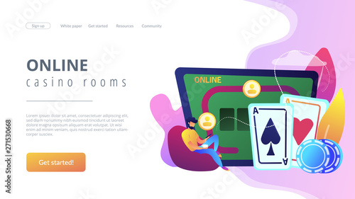 Businessman with smartphone playing poker online and casino table with cards and chips. Online poker, internet gambling, online casino rooms concept. Website vibrant violet landing web page template.