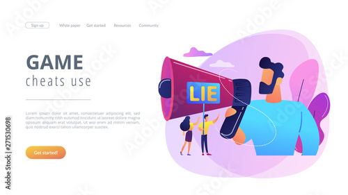 Businessman with huge megaphone cheating and tiny people holding word lie. Cheating in competition, cheater person, game cheats use concept. Website vibrant violet landing web page template.