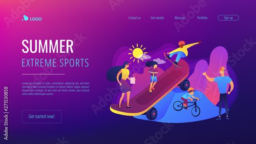 Kids skateboarding and riding a bike in skate park and trainers, tiny people. Extreme camp, summer extreme sports, kids extreme program concept. Website homepage landing web page template.