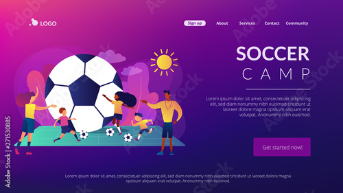 Kids learning to play soccer with balls on the field in summer camp, tiny people. Soccer camp, football academy, kids soccer school concept. Website homepage landing web page template.