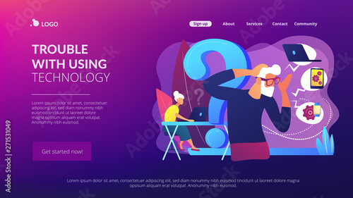 Senior couple modern gadgets handling problems. Low technical communication, trouble with using technology, special devices for older people concept. Website homepage landing web page template.