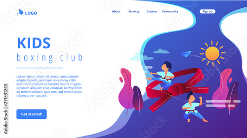 Young athletes doing karate outside at summer camp and big belt, tiny people. Karate camp, kids boxing club, fighting sport section concept. Website homepage landing web page template.