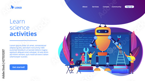 Kids programming and creating robot at class, tiny people. Engineering for kids, learn science activities, early development classes concept. Website homepage landing web page template.