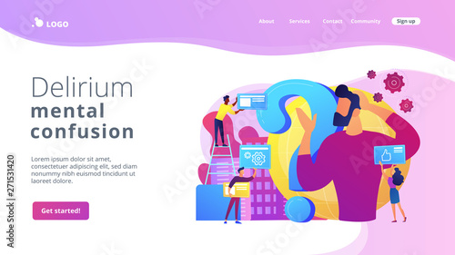 Self management, life coaching. Man doubting, questioning, brainstorming. Identity crisis, delirium and mental confusion, confused feelings concept. Website homepage landing web page template.