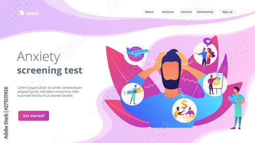 Introversion, agoraphobia, public spaces phobia. Mental illness, stress. Social anxiety disorder, anxiety screening test, anxiety attack concept. Website homepage landing web page template.