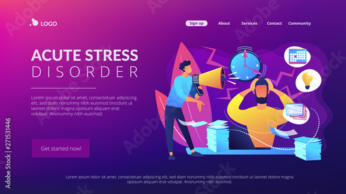 Exhausted, frustrated worker, burnout. Boss shout at employee, deadline. How to relieve stress, acute stress disorder, work related stress concept. Website homepage landing web page template.